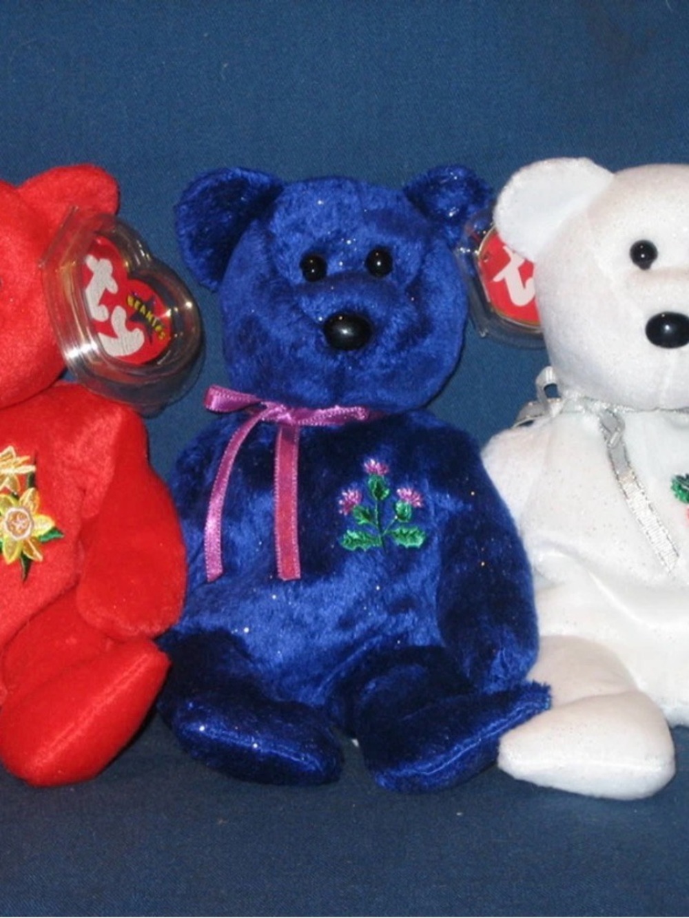 Ty Royal Blue Plush Bear with Pink Ribbon and Floral Embroidery